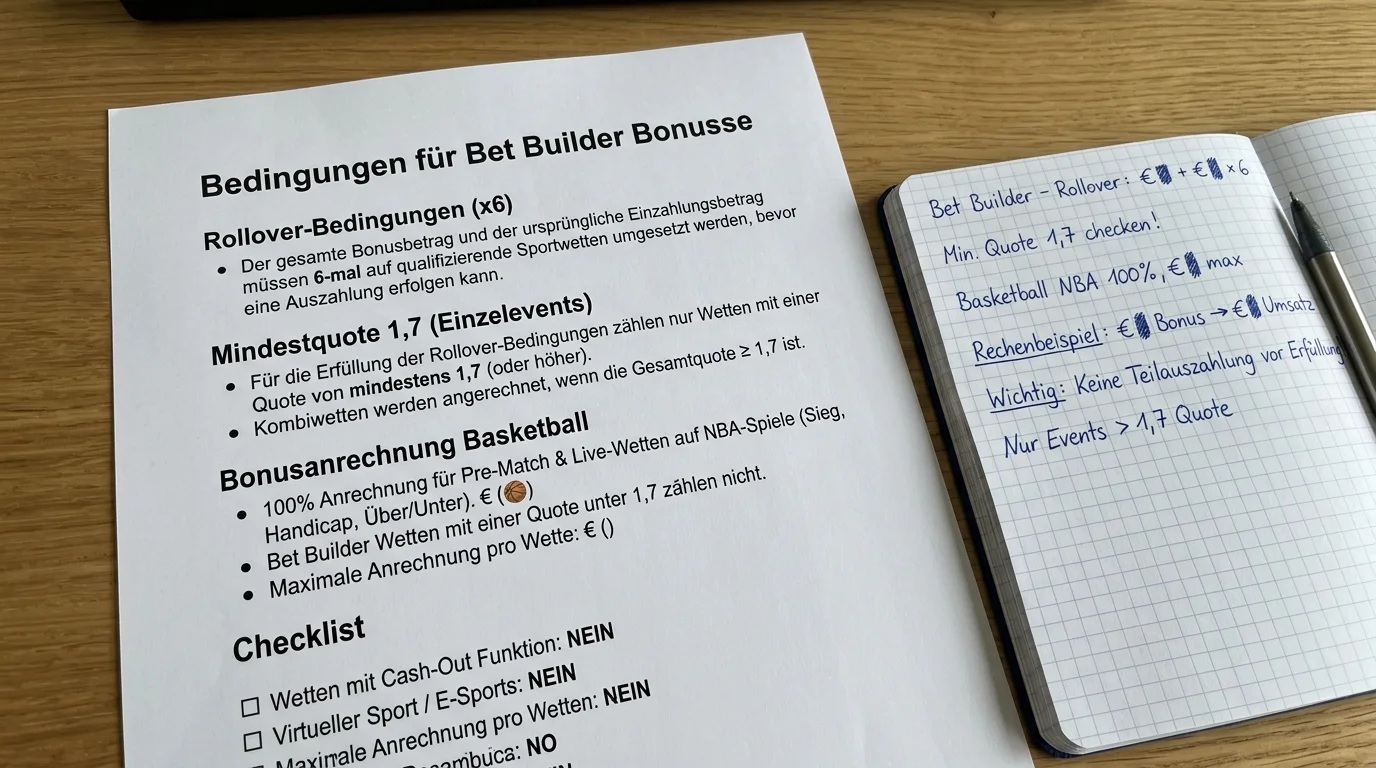 Rollover-Bedingungen für Bet-Builder-Wetten auf Basketball, Mindestquote und Bonuserfüllung erklärt