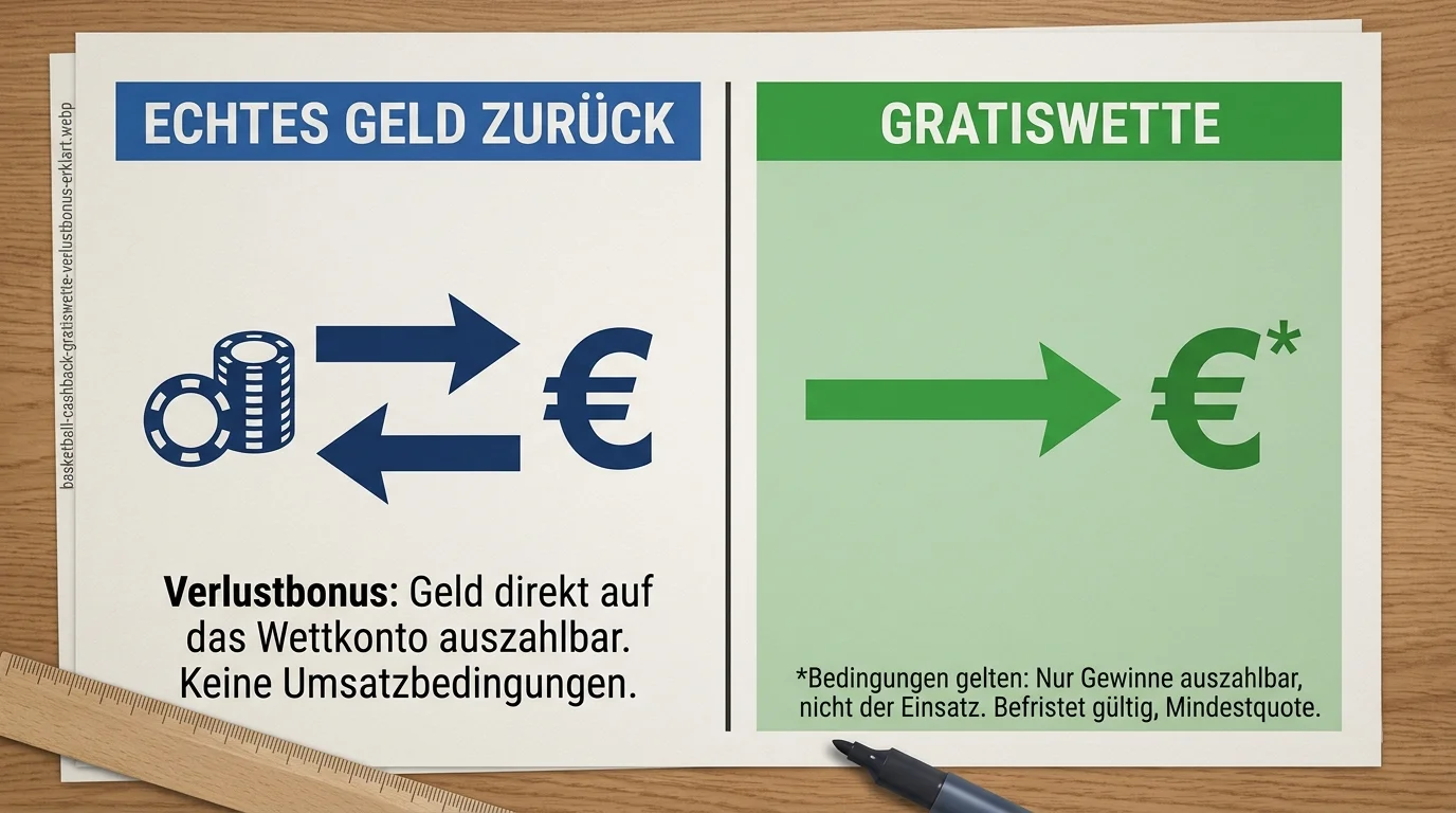 Basketball Verlustbonus und Cashback erklärt, Unterschied zwischen Gratiswette und echtem Geld-zurück