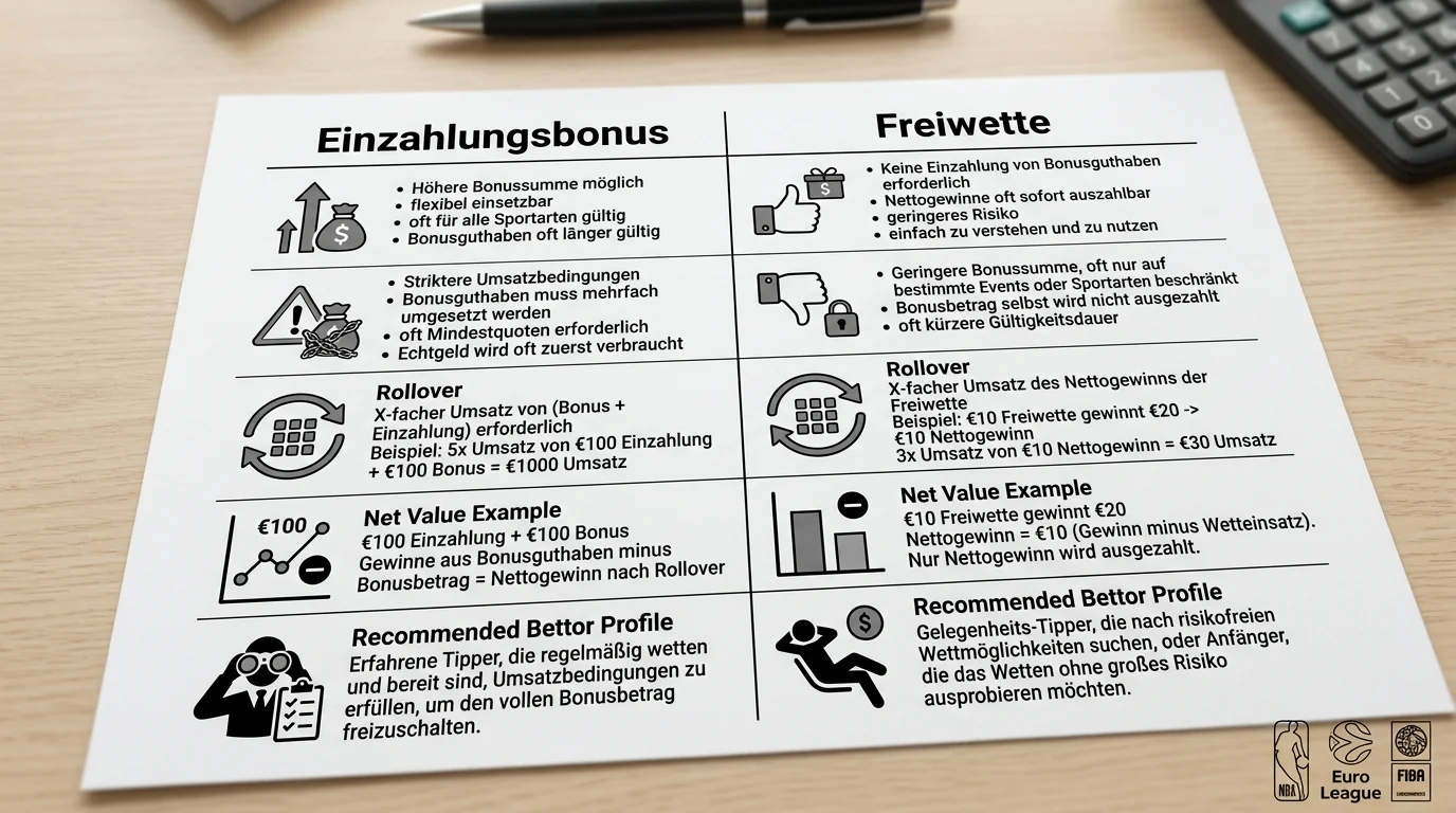 Vergleich Einzahlungsbonus vs. Freiwette für Basketball Wetter nach Profil und Nettowert