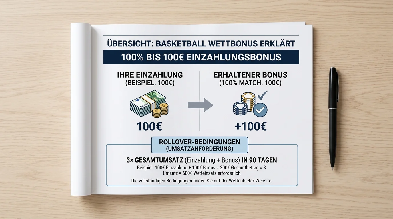 Einzahlungsbonus Basketball Wetten Rechenbeispiel mit Rollover und Nettowert