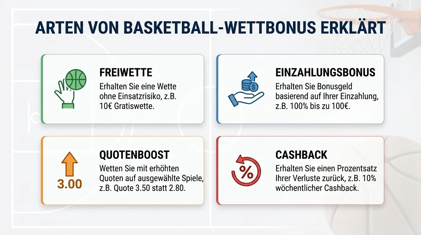 Basketball Wettbonus Typen im Vergleich: Freiwette, Einzahlungsbonus und Quotenboost erklärt