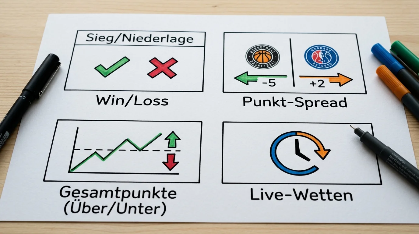 Übersicht Wettmärkte BBL-Pokal, Siegwette, Handicap und Gesamtpunkte für Basketball-Bonus-Wetten