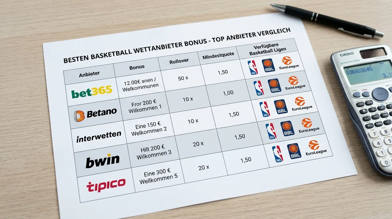 Vergleich-Tabelle der Top-Basketball-Wettanbieter mit Bonus, Rollover und Markttiefe