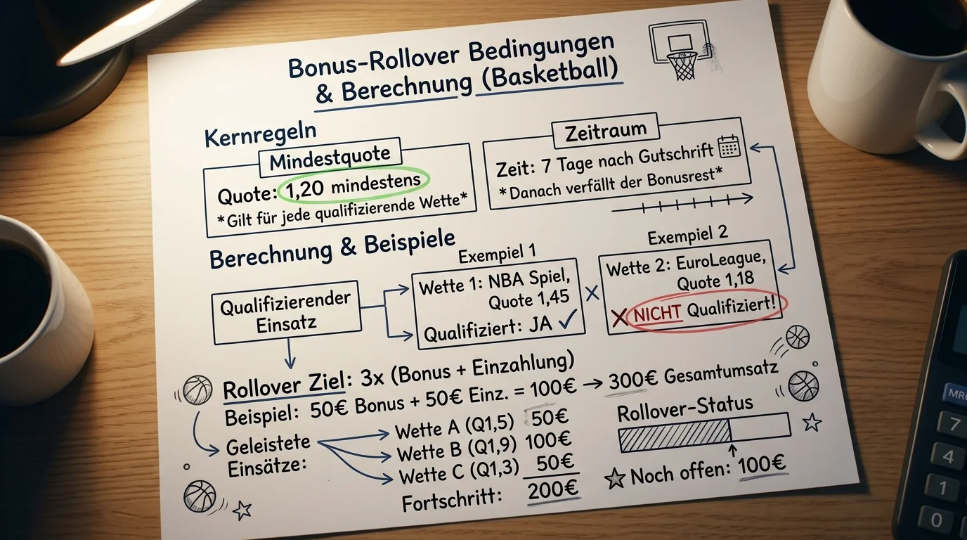 bet365 Basketball Bonus Bedingungen mit Rollover, Mindestquote und Zeitlimit für Wett-Credits