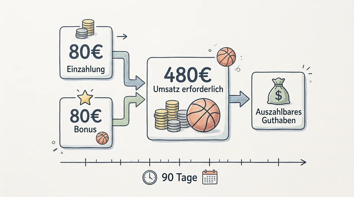 Rollover-Berechnung für Betano Basketball Bonus mit Mindestquote 1,7 und 90-Tage-Limit