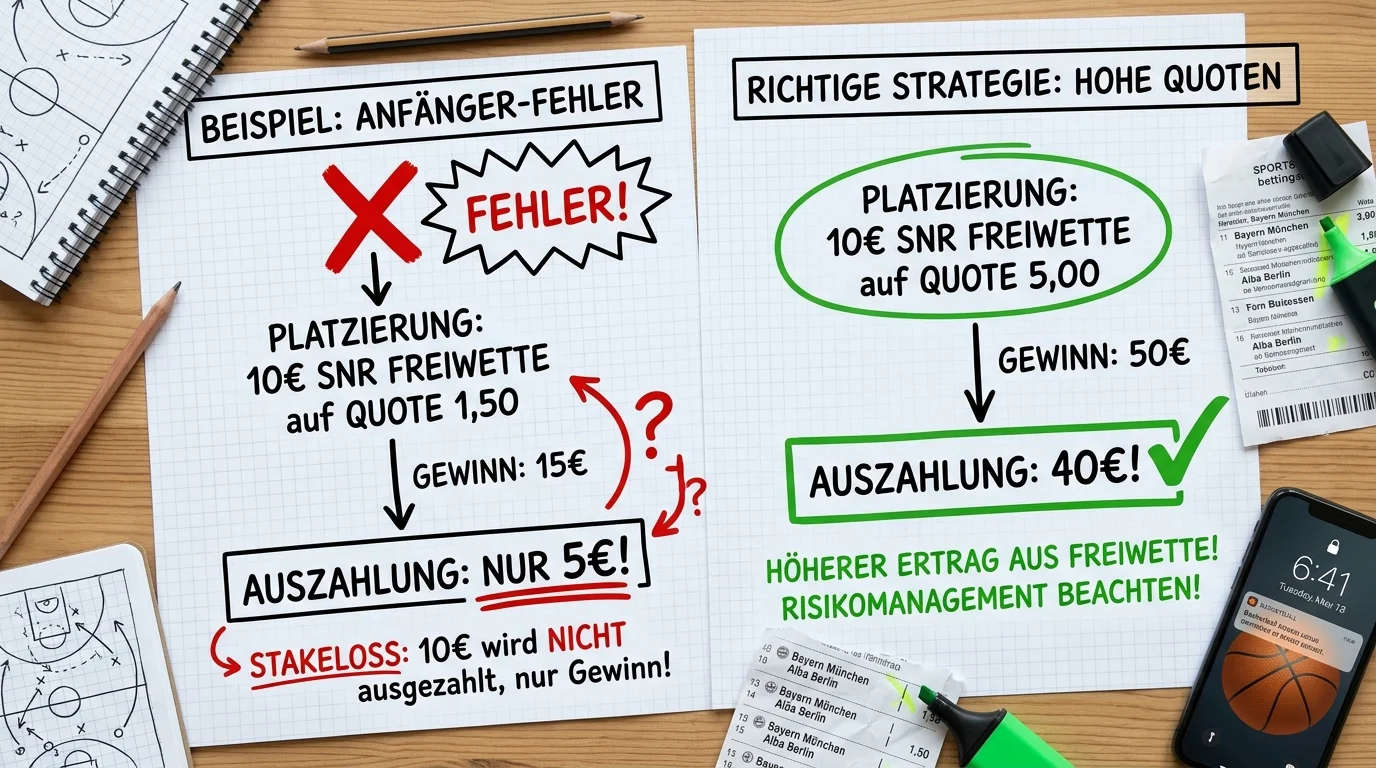 Häufiger Anfängerfehler bei Basketball Freiwette SNR mit falsch gewählter niederer Quote