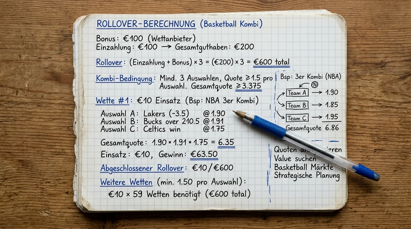 Rollover-Berechnung für Kombiwetten Basketball Bonus, wie Mehrfachwetten die Bonuserfüllung beeinflussen