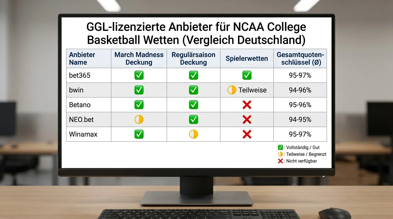 GGL-lizenzierte Anbieter mit NCAA-Basketball-Wetten in Deutschland, bet365, bwin und Betano im Vergleich