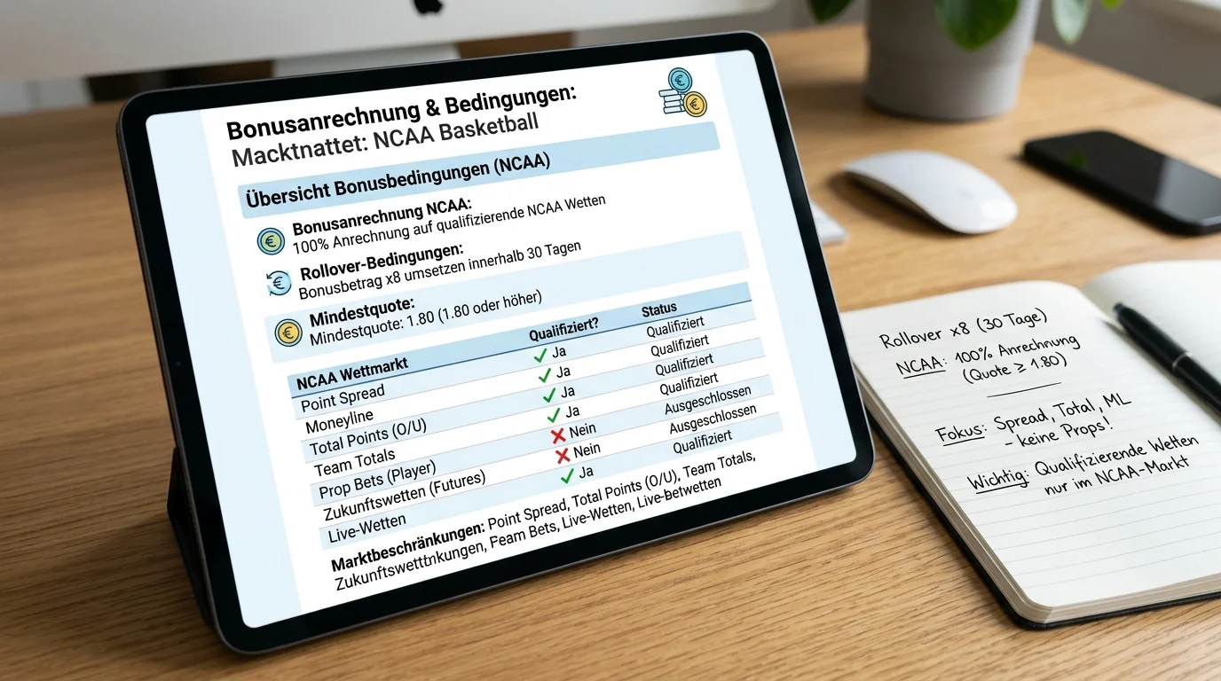 Bonusnutzung für NCAA College Basketball Wetten, Rollover und Mindestquote bei deutschen Anbietern prüfen