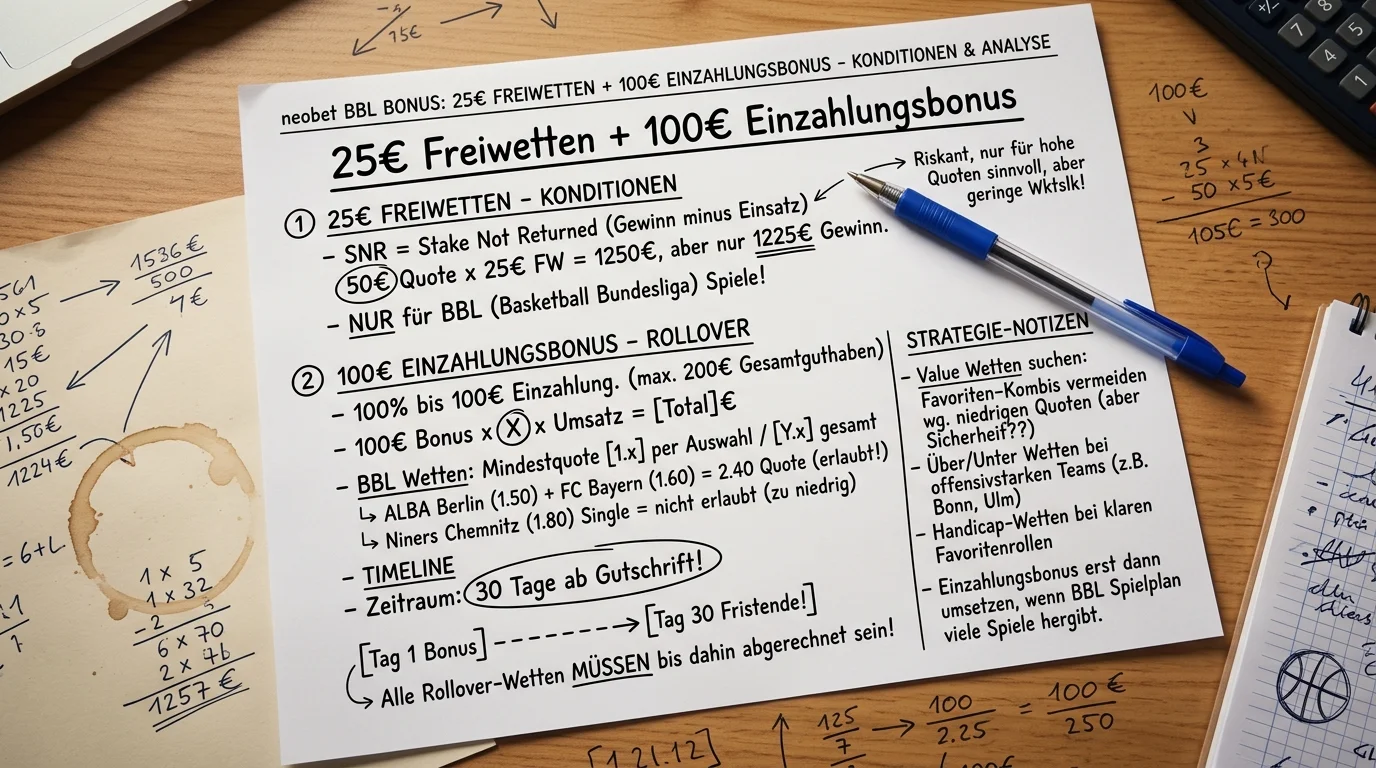 NEO.bet Freiwetten-Konditionen für Basketball Bundesliga mit SNR-Bedingungen und Rollover-Anforderungen
