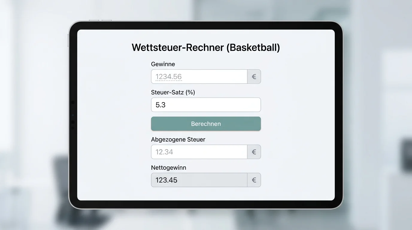 Steuerrechner für Sportwetten Basketball, so berechnet man den Nettoeffekt der 5,3 % Wettsteuer auf Gewinne