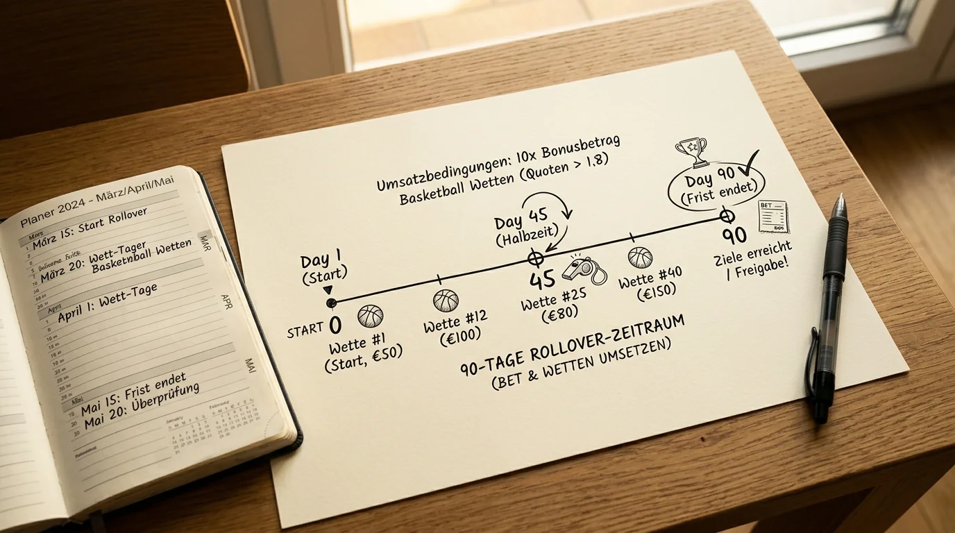 Rollover-Vergleich zwischen Einzahlungsbonus und Freiwette für Basketball-Wetter, Zeitlimit 90 Tage